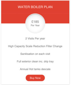 water boiler filter change & sanitisation pricing table in red