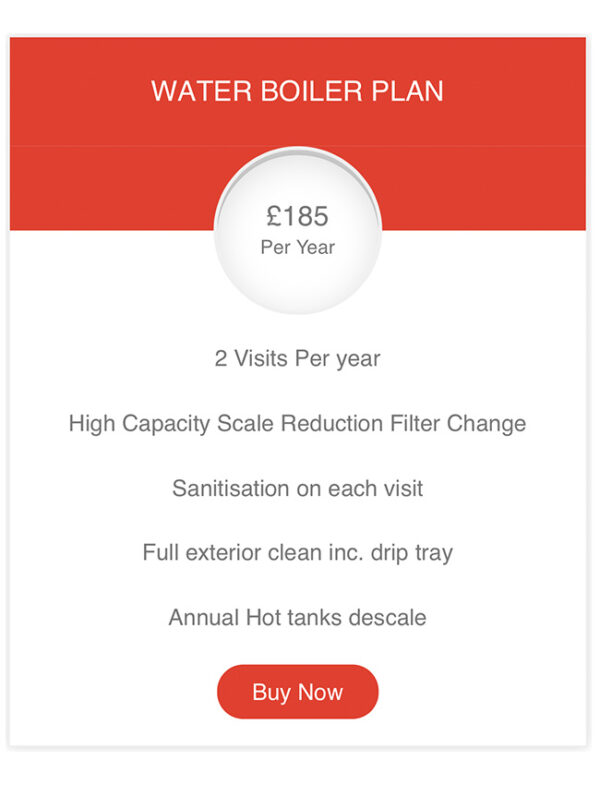 water boiler filter change & sanitisation pricing table in red